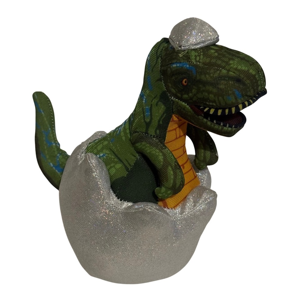 Baby Green T-Rex Dinosaur Hatching from Silver Glitter Egg Plush 8" 02720